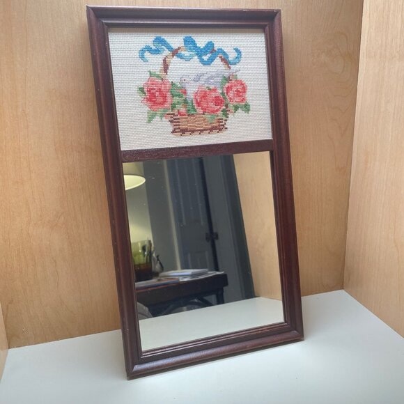 Vintage Wooden Framed Mirror With Handcrafted Cross-Stitch Rose & Dove Design - Picture 5 of 15